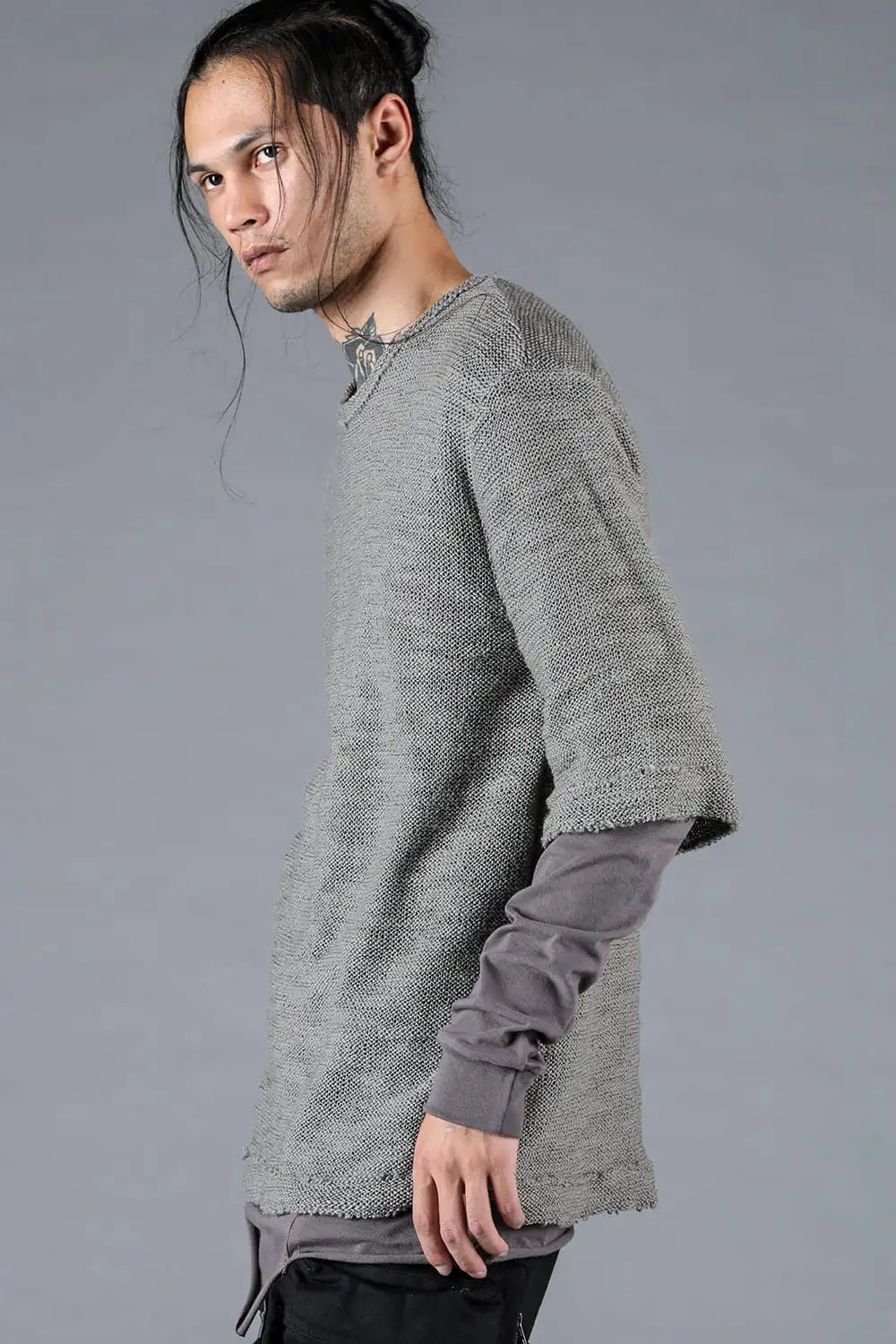 ローゲージニット×コットンジャージレイヤードTシャツ グレー