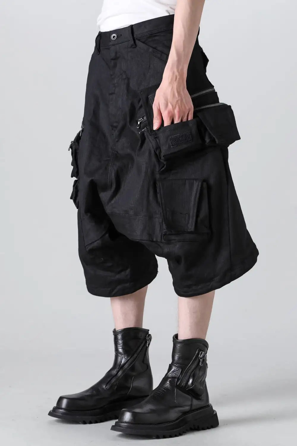 10.5oz Stretch Denim Cargo Short Pants Black