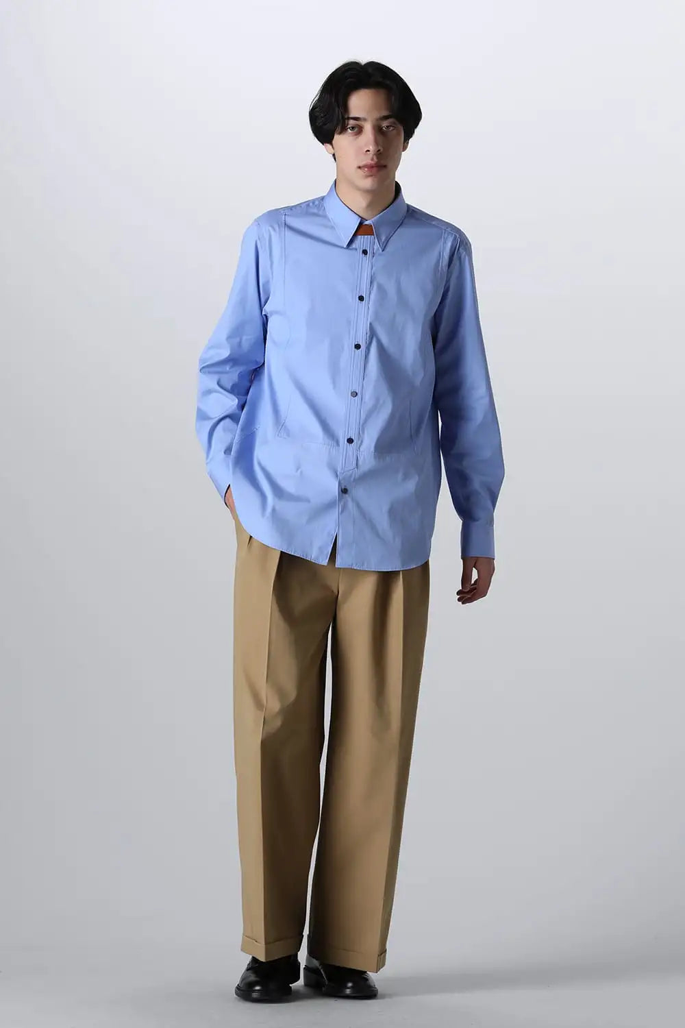 フロントパネルシャツウィズレザータブ Sax