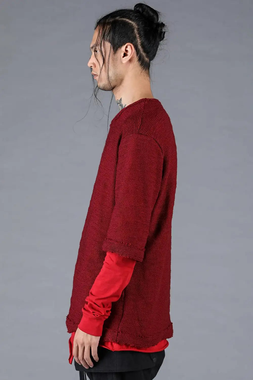 ローゲージニット×コットンジャージレイヤードTシャツ レッド