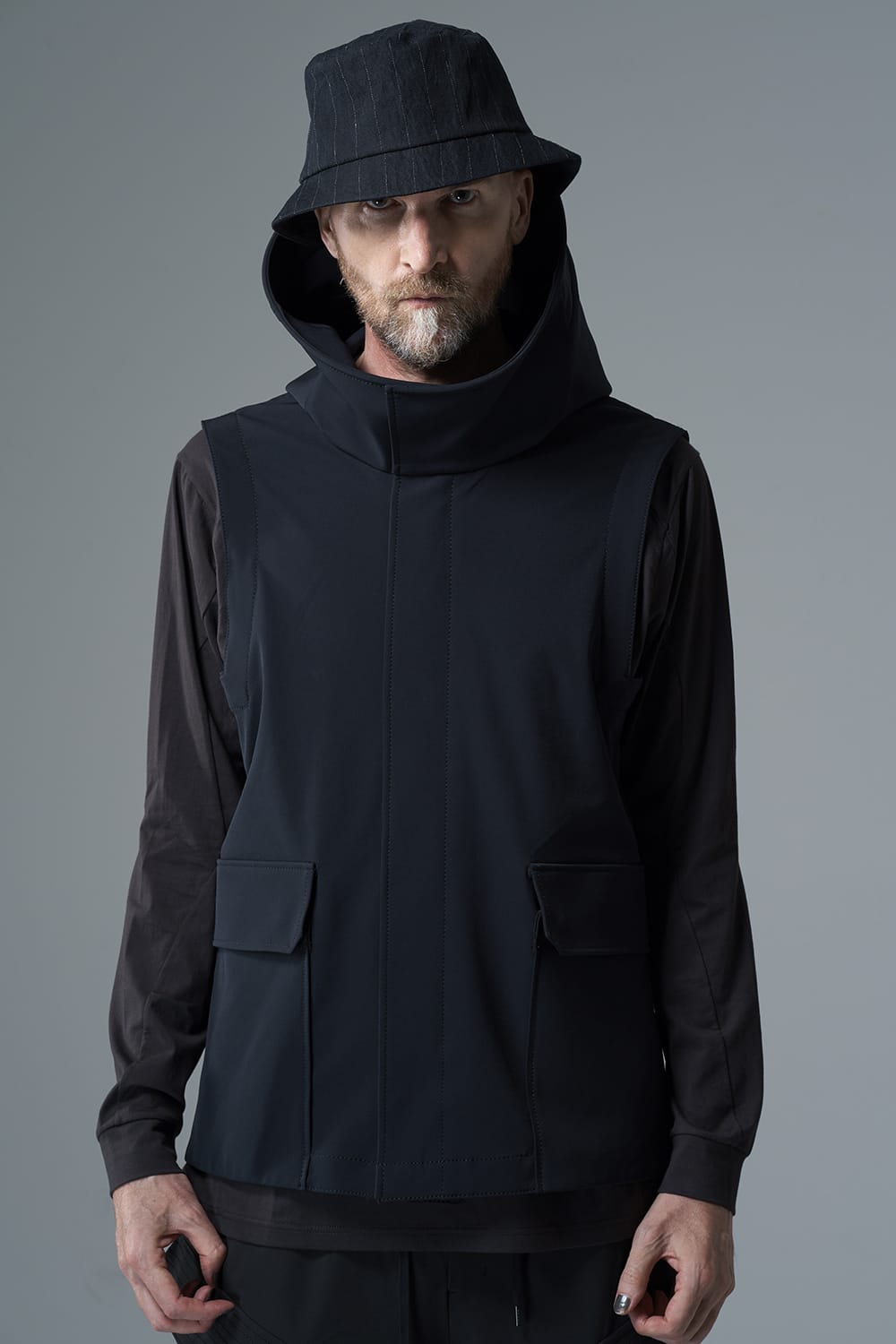 Sleeveless hooded jacket merino wool jersey bonding