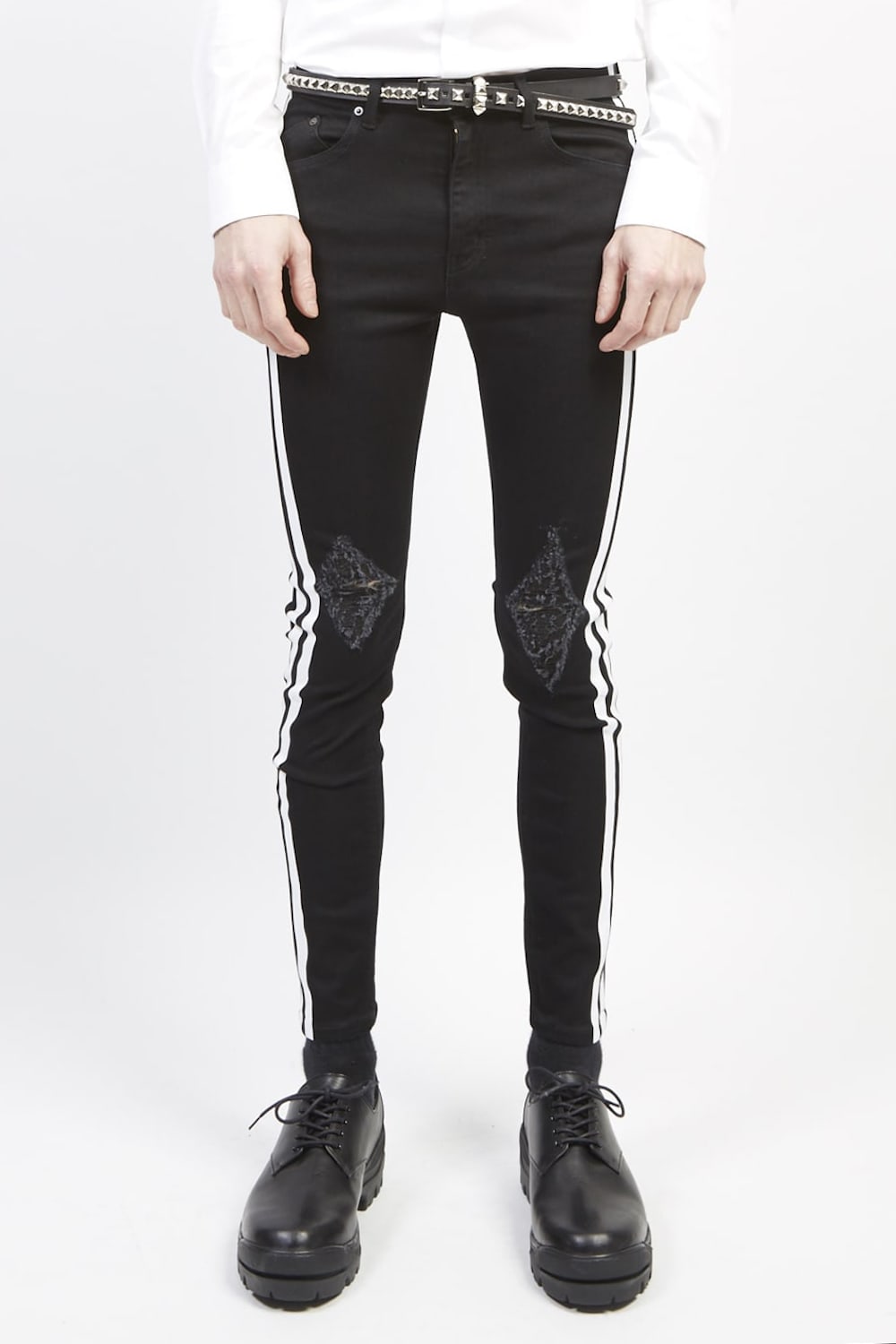 EX fit denim side line leggings pants (knee crash) Black × Off White