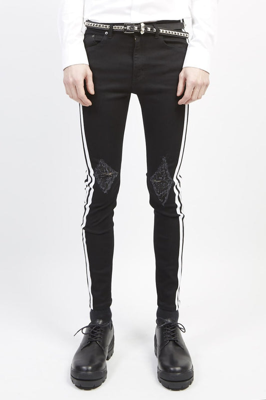 EX fit denim side line leggings pants (knee crash) Black × Off White