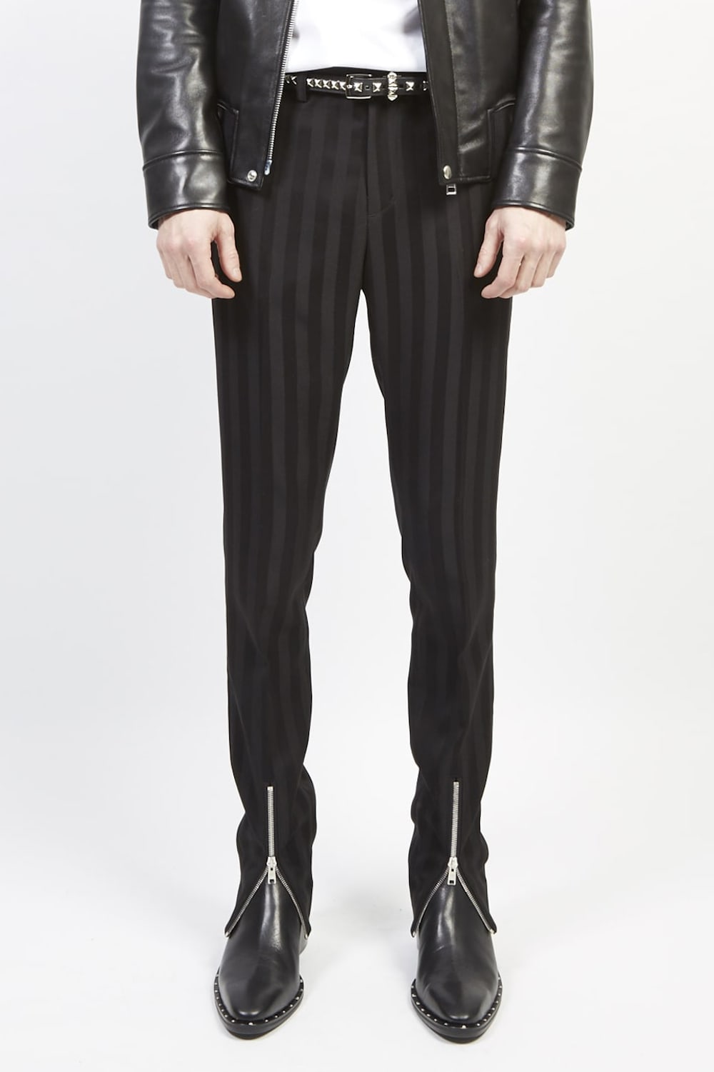 Jacquard stripe stretch slacks (riri zip) Black × Black