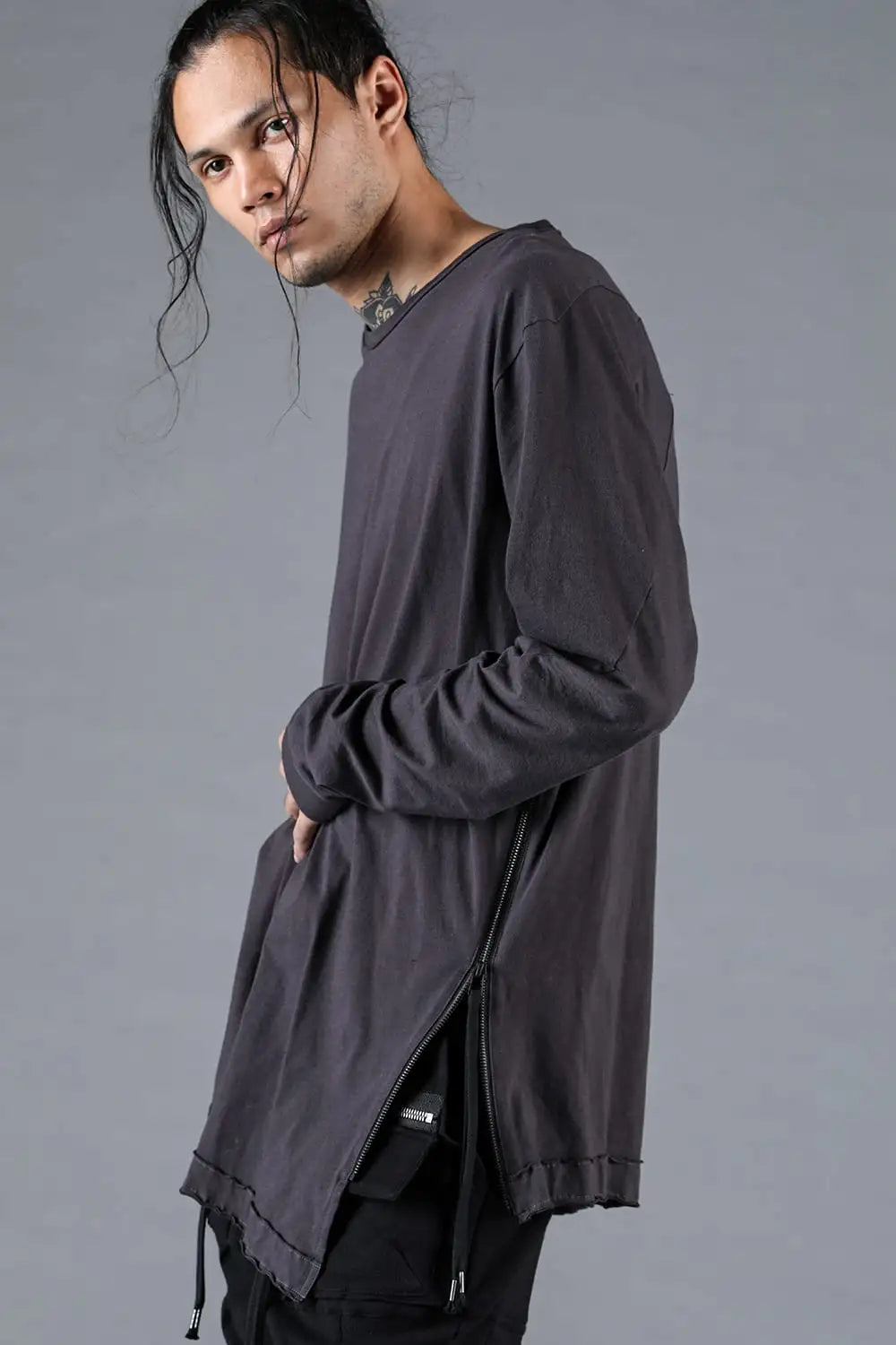 30/- Soft Cotton Jersey Side Zip Long Sleeve T-Shirt Charcoal