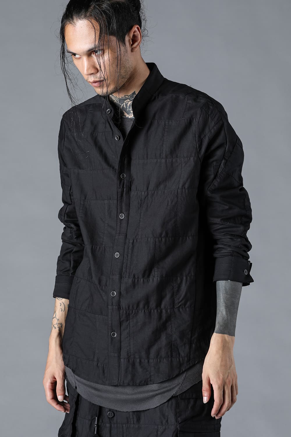 Patchwork Band Collar Shirt