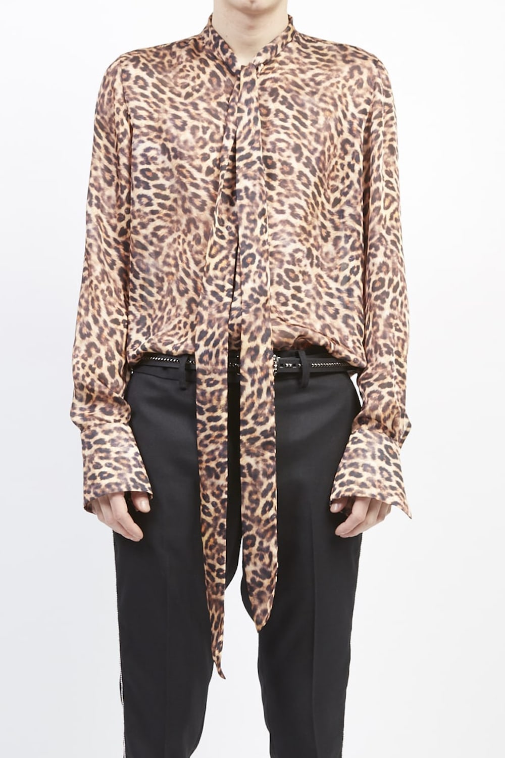 Light chiffon leopard print tie neck shirt
