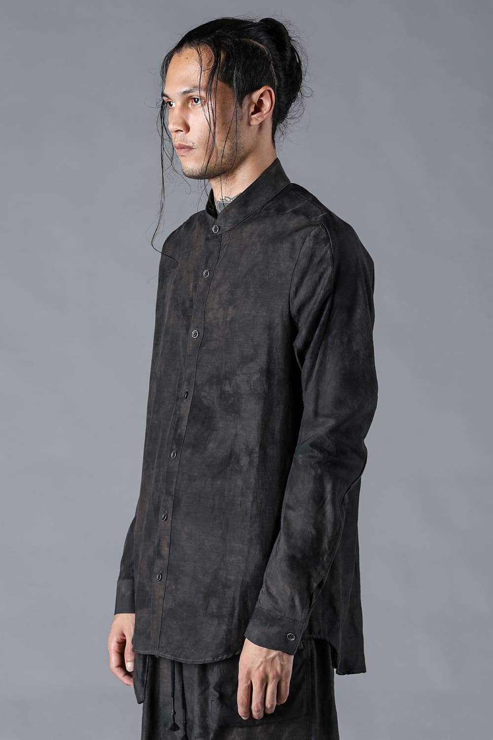 Uneven Dyed Linen x Rayon Band Collar Shirt