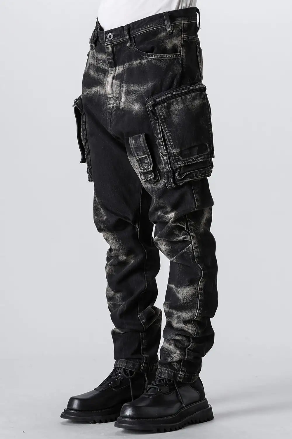 10oz Bleached Denim Wash Cargo Pants Black