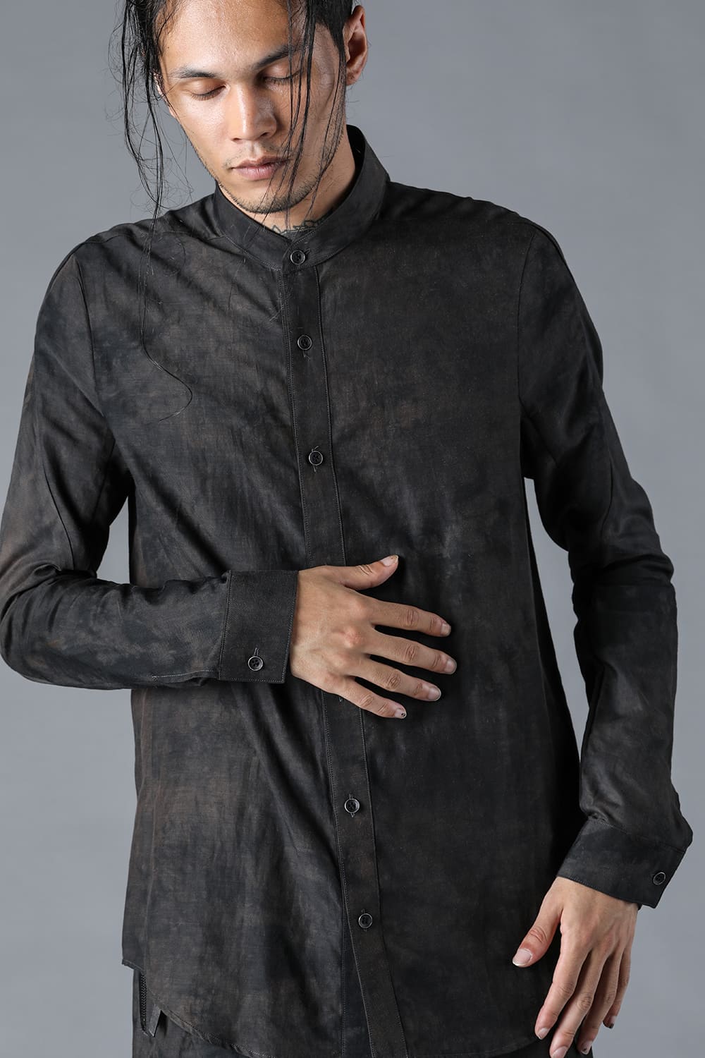 Uneven Dyed Linen x Rayon Band Collar Shirt