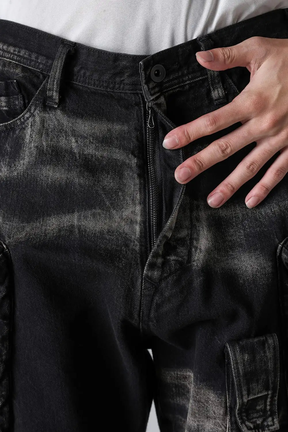 10oz Bleached Denim Wash Cargo Pants Black