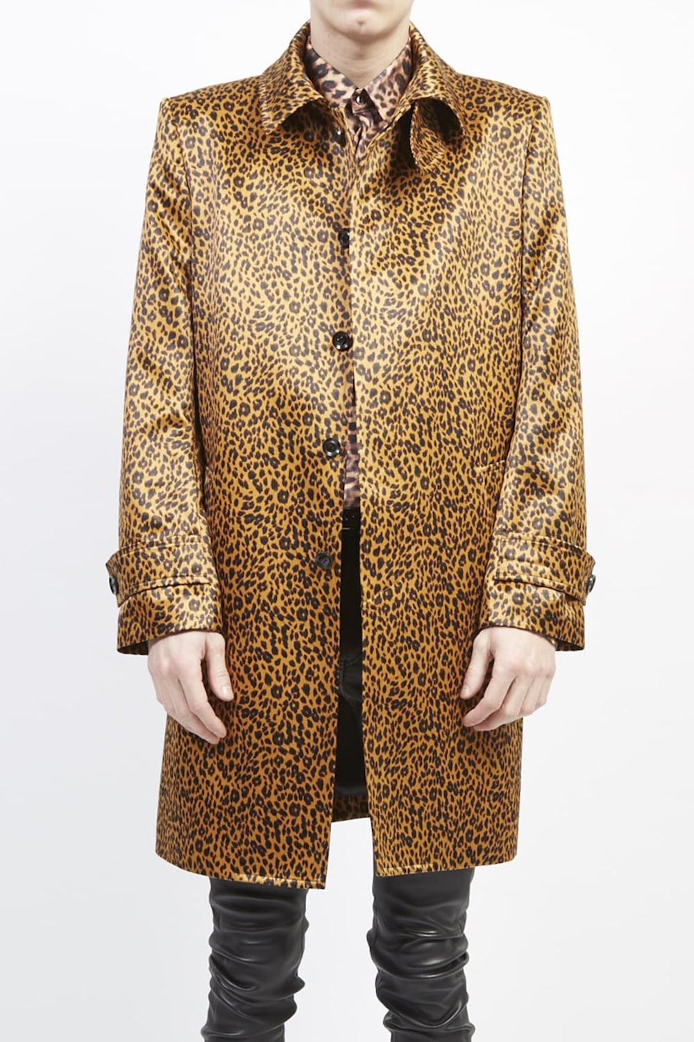Satin leopard print soutien collar coat