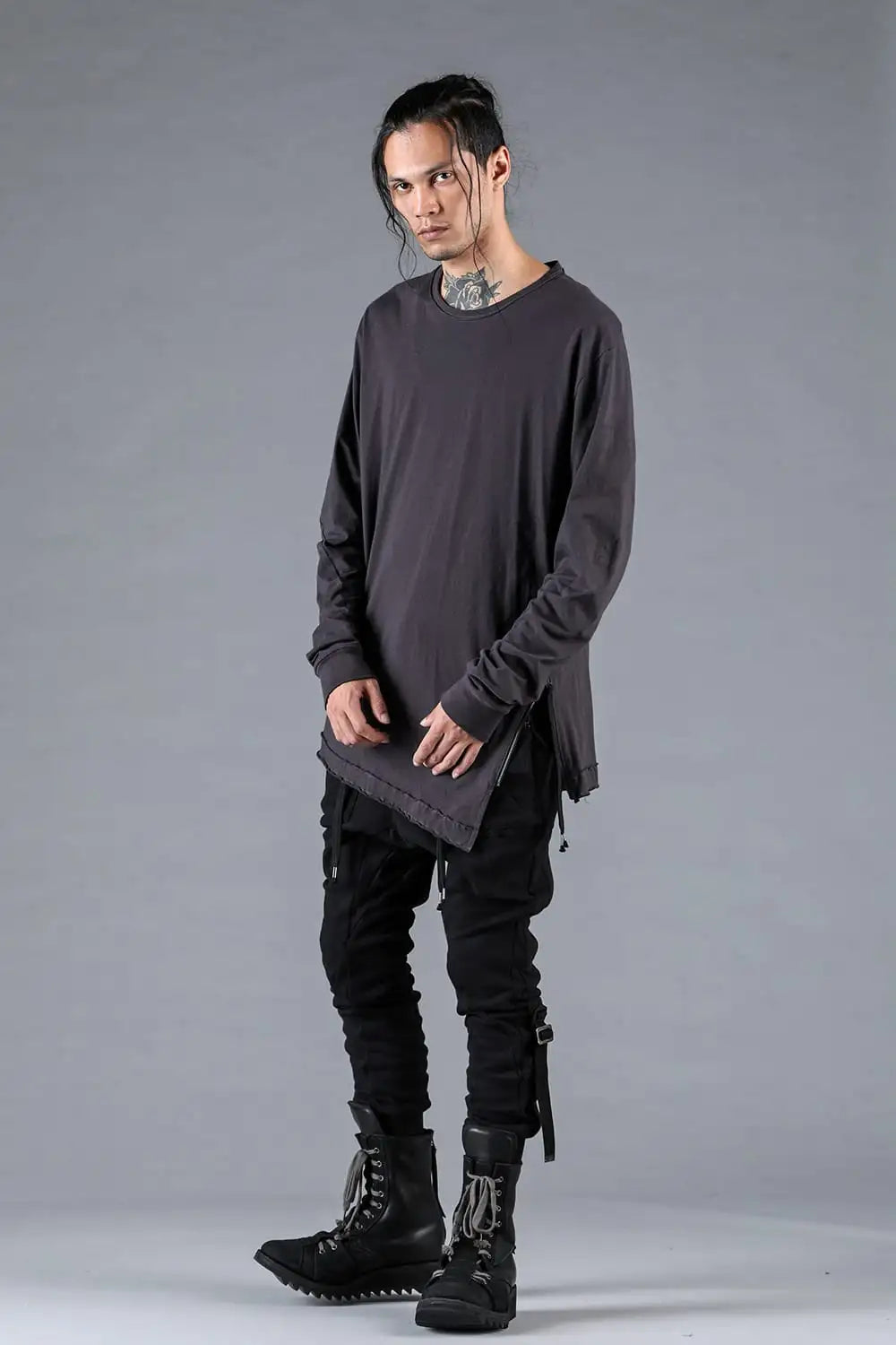 30/- Soft Cotton Jersey Side Zip Long Sleeve T-Shirt Charcoal