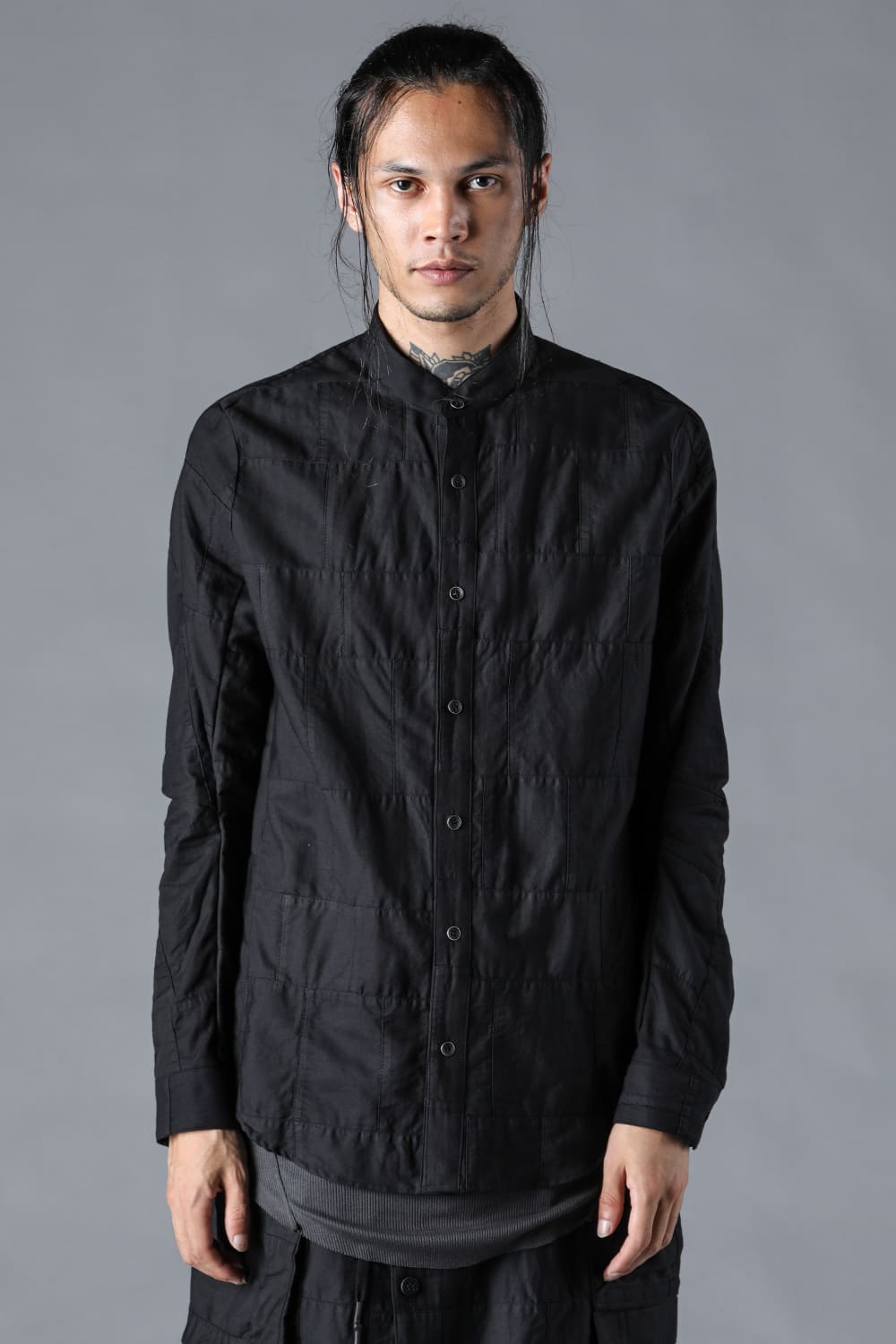 Patchwork Band Collar Shirt