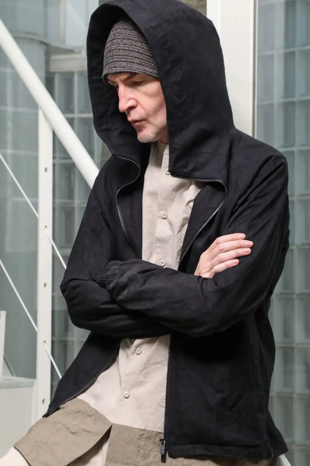 Hooded jacket soft nubuck cow leather