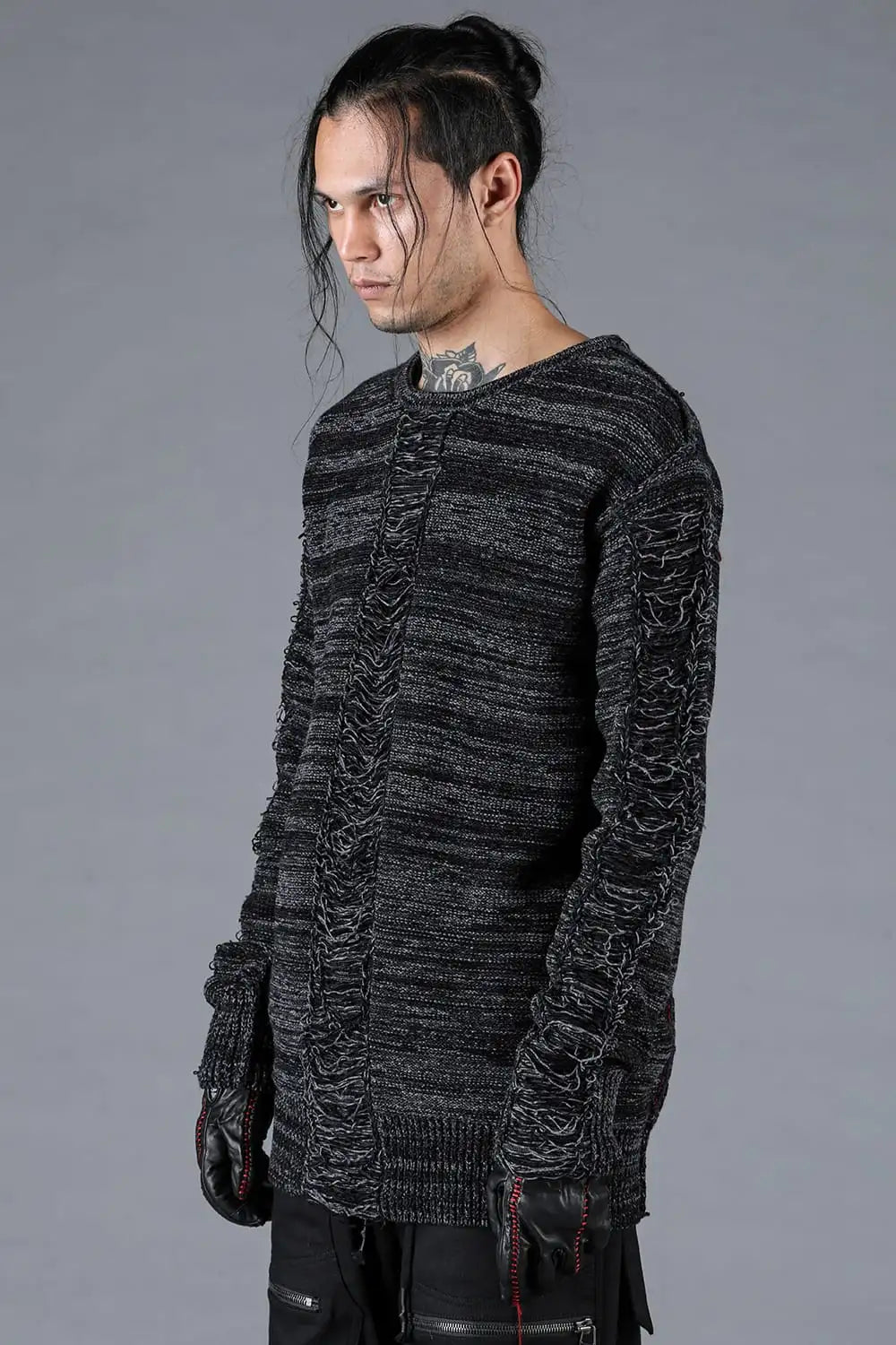 Distressed Merino Wool Knit Pullover Charcoal