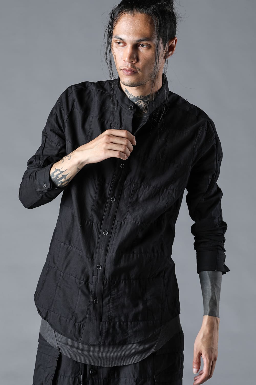 Patchwork Band Collar Shirt