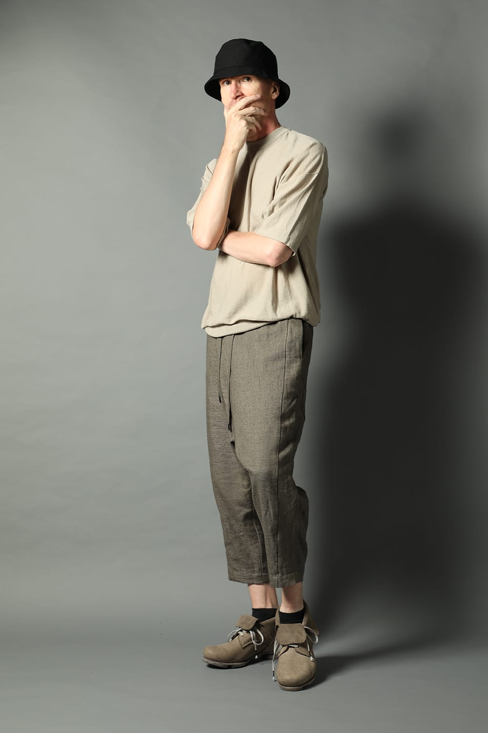 Dropcroch cropped pants silk linen crazy check  Beige Gray