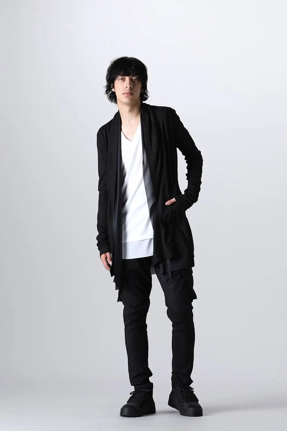 Layered Shawl Cardigan Black&Black