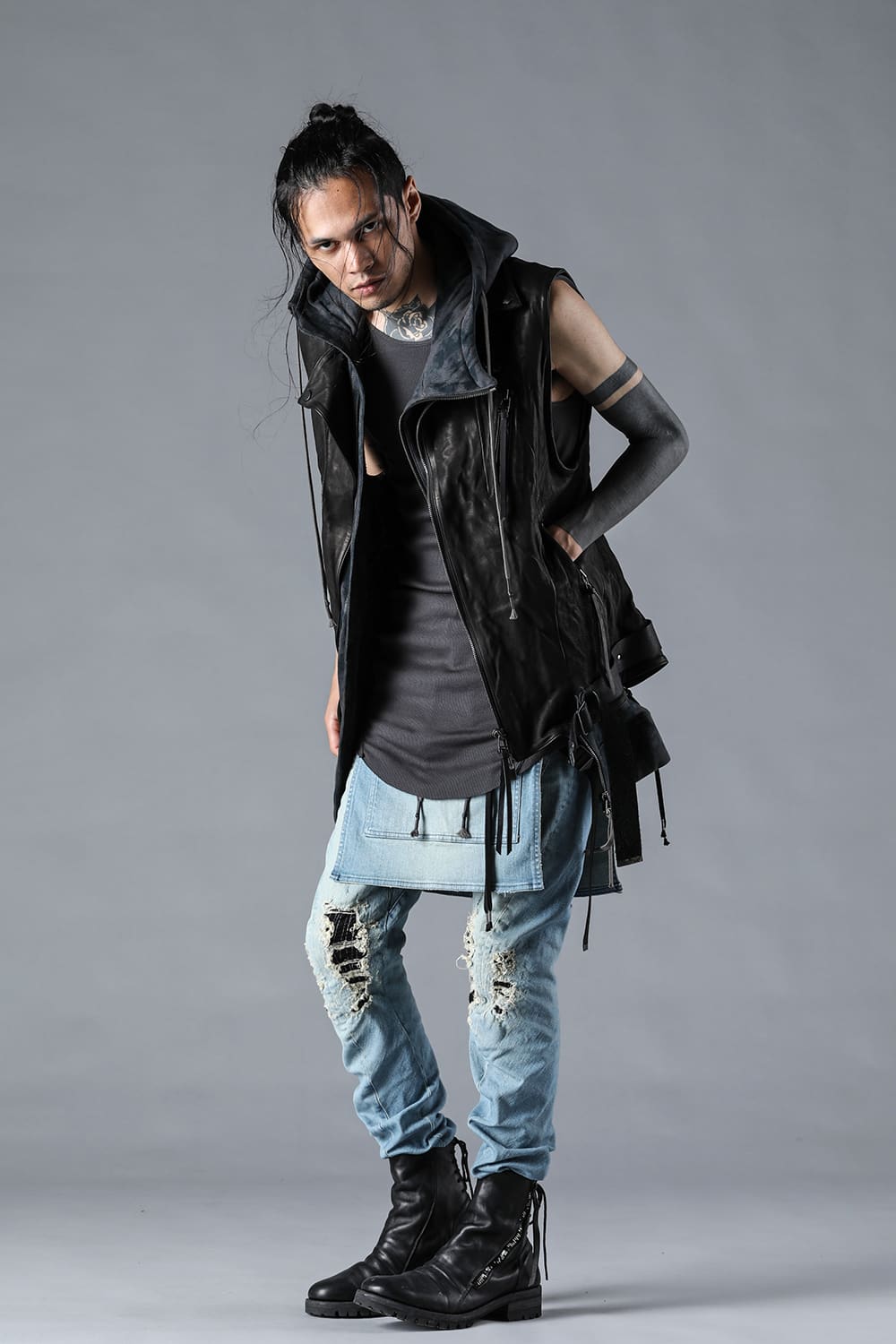 Bum Flap Distressed Denim Drop Crotch Slim Pants