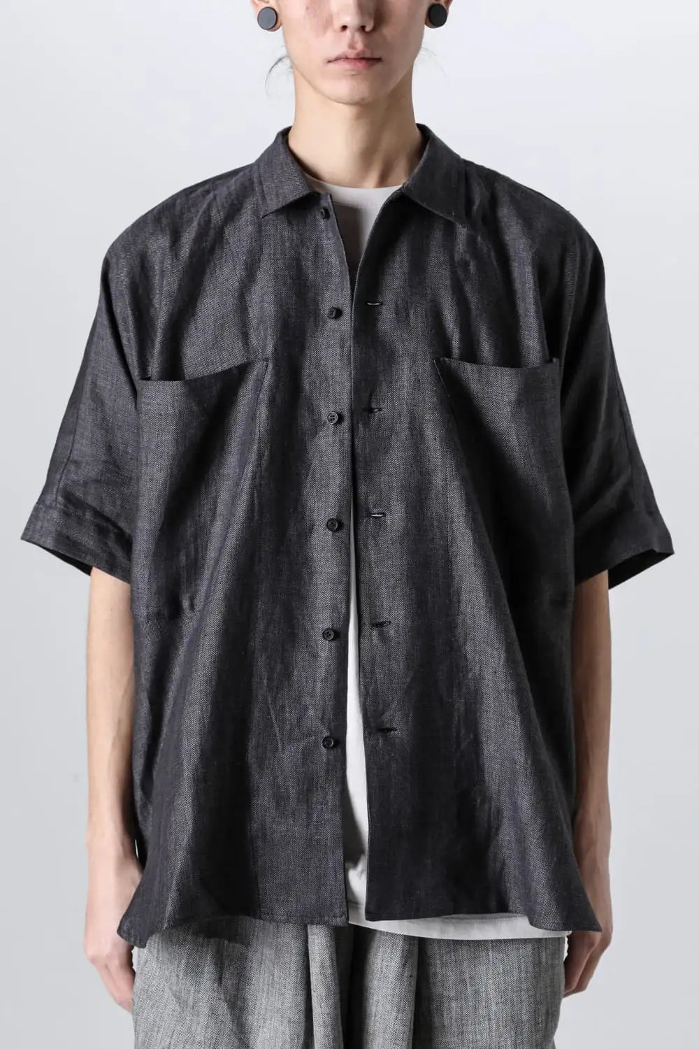 SHORT SLEEVE SHIRT	Linen Herringbone BLACK×DK GREY