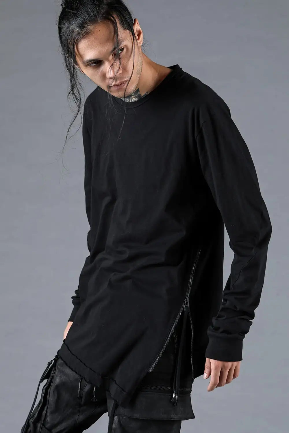 30/- Soft Cotton Jersey Side Zip Long Sleeve T-Shirt Black