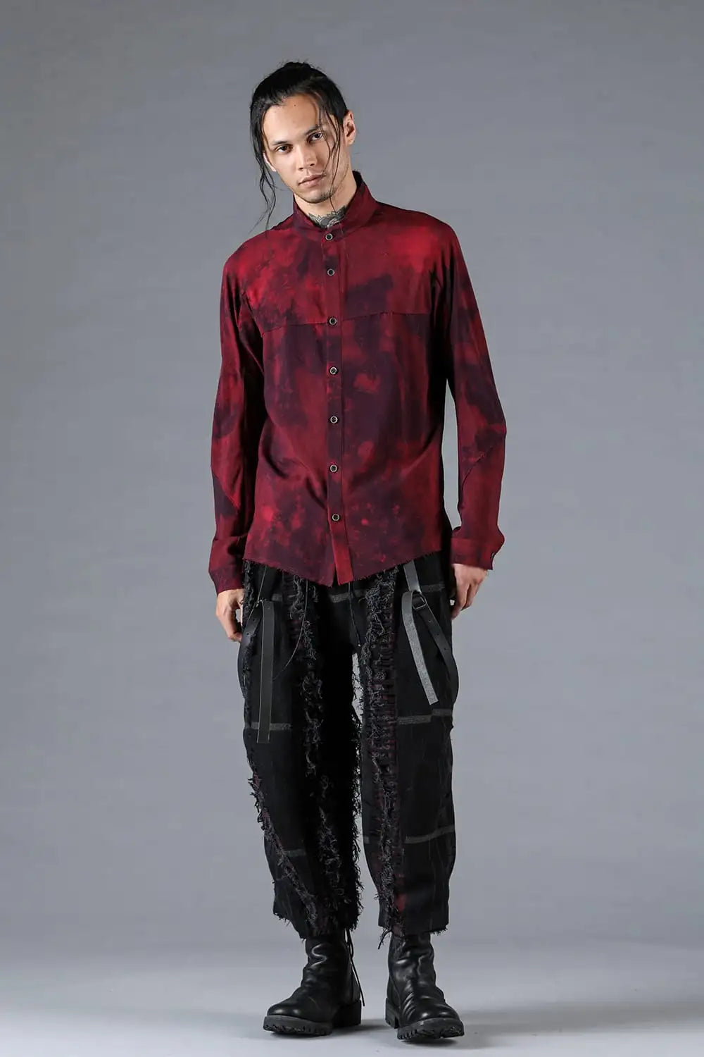 Rayon Twill Cut-Off Band Collar Shirt Red