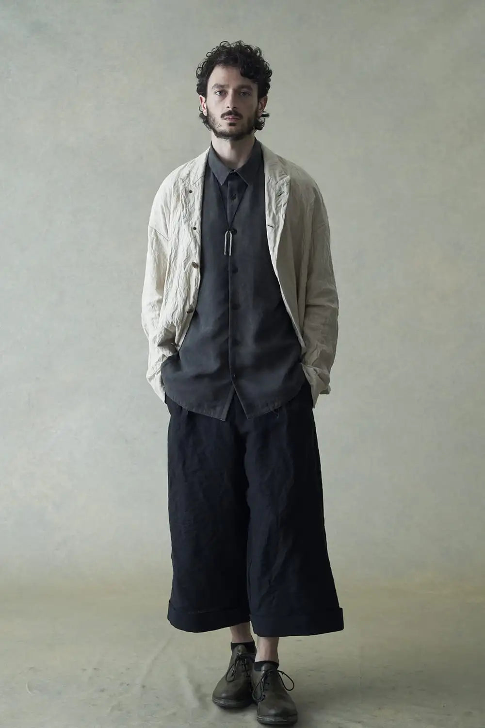 Cropped baggy pants linen / japanese paper