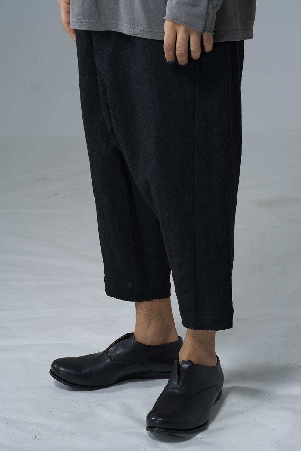 Drop crotch cropped pants cotton ramie shrink