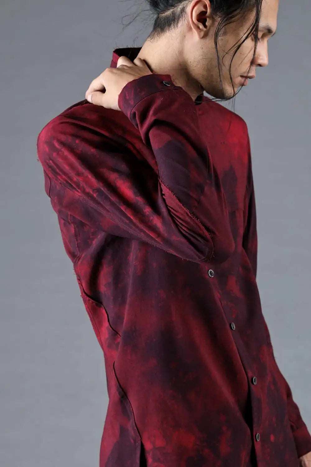 Rayon Twill Cut-Off Band Collar Shirt Red