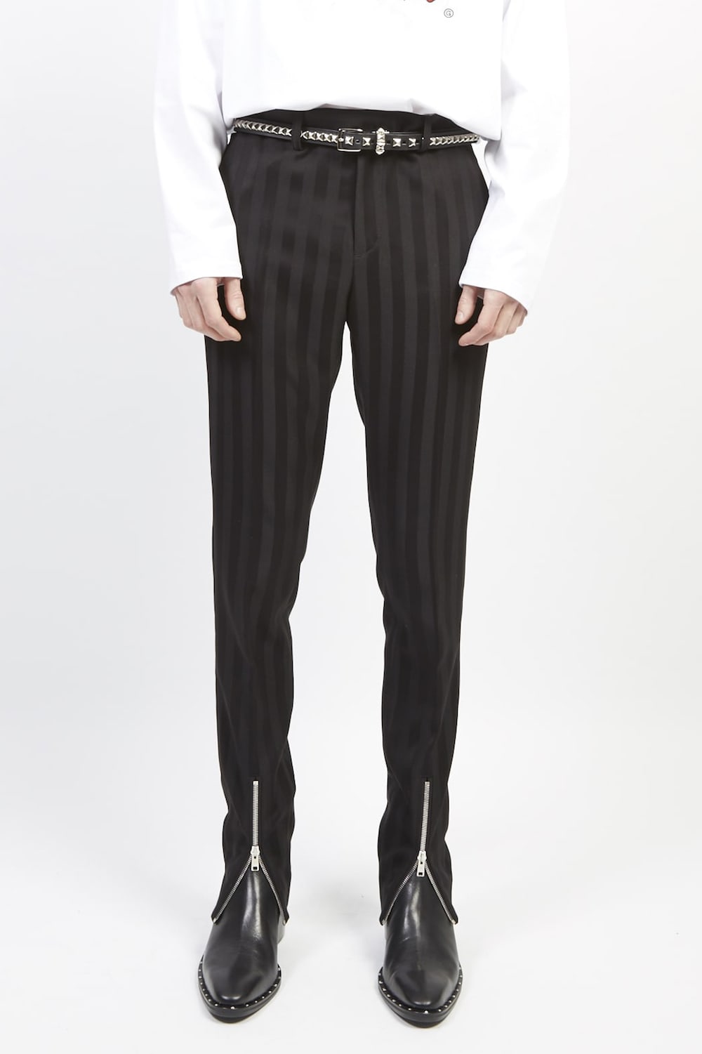 Jacquard stripe stretch slacks (riri zip) Black × Black
