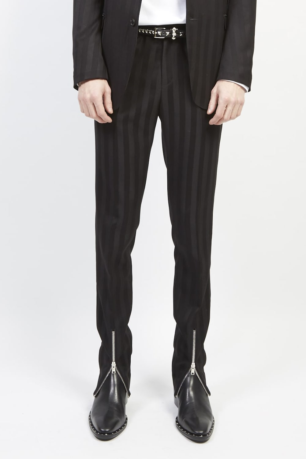Jacquard stripe stretch slacks (riri zip) Black × Black