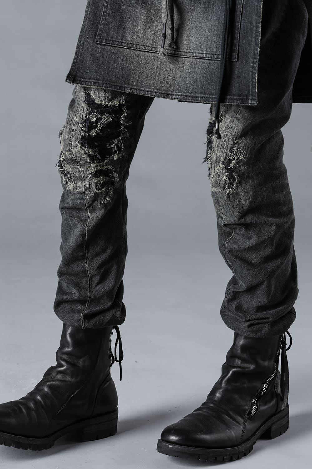 Bum Flap Distressed Denim Drop Crotch Slim Pants