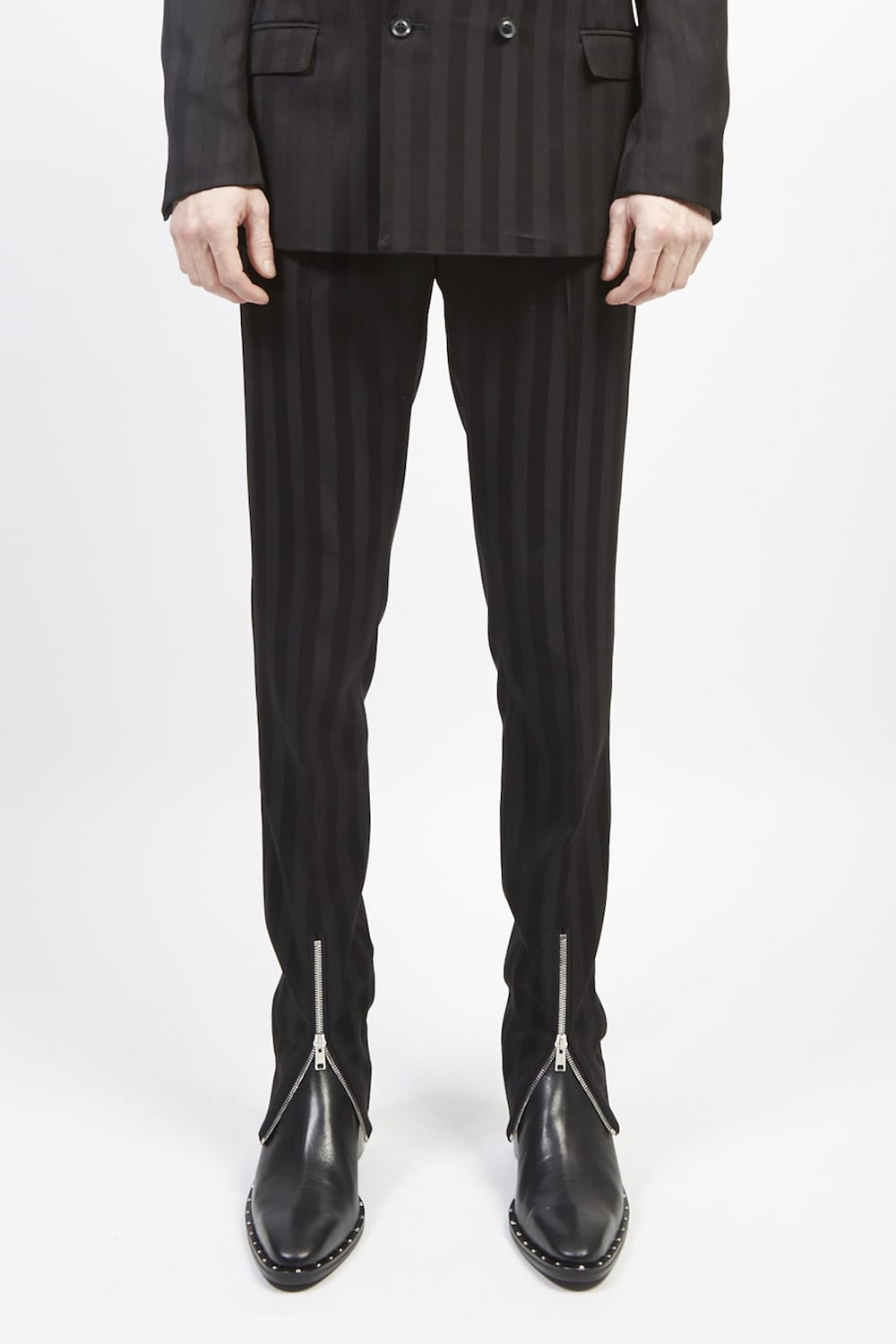 Jacquard stripe stretch slacks (riri zip) Black × Black