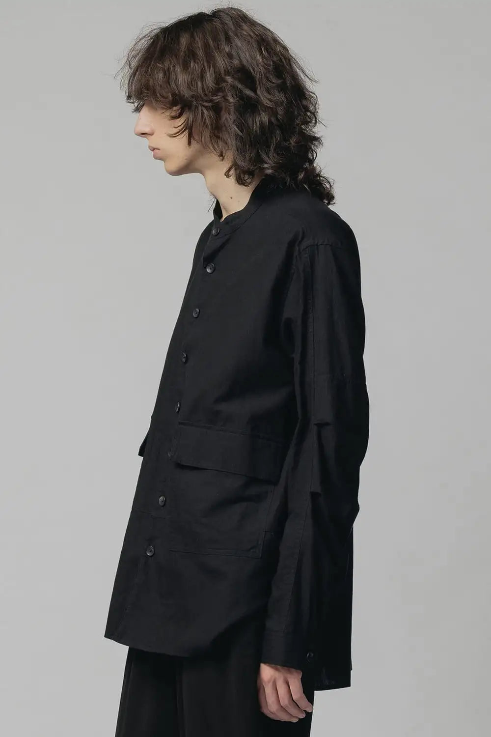 Cotton/Linen Band Collar Shirt  Black