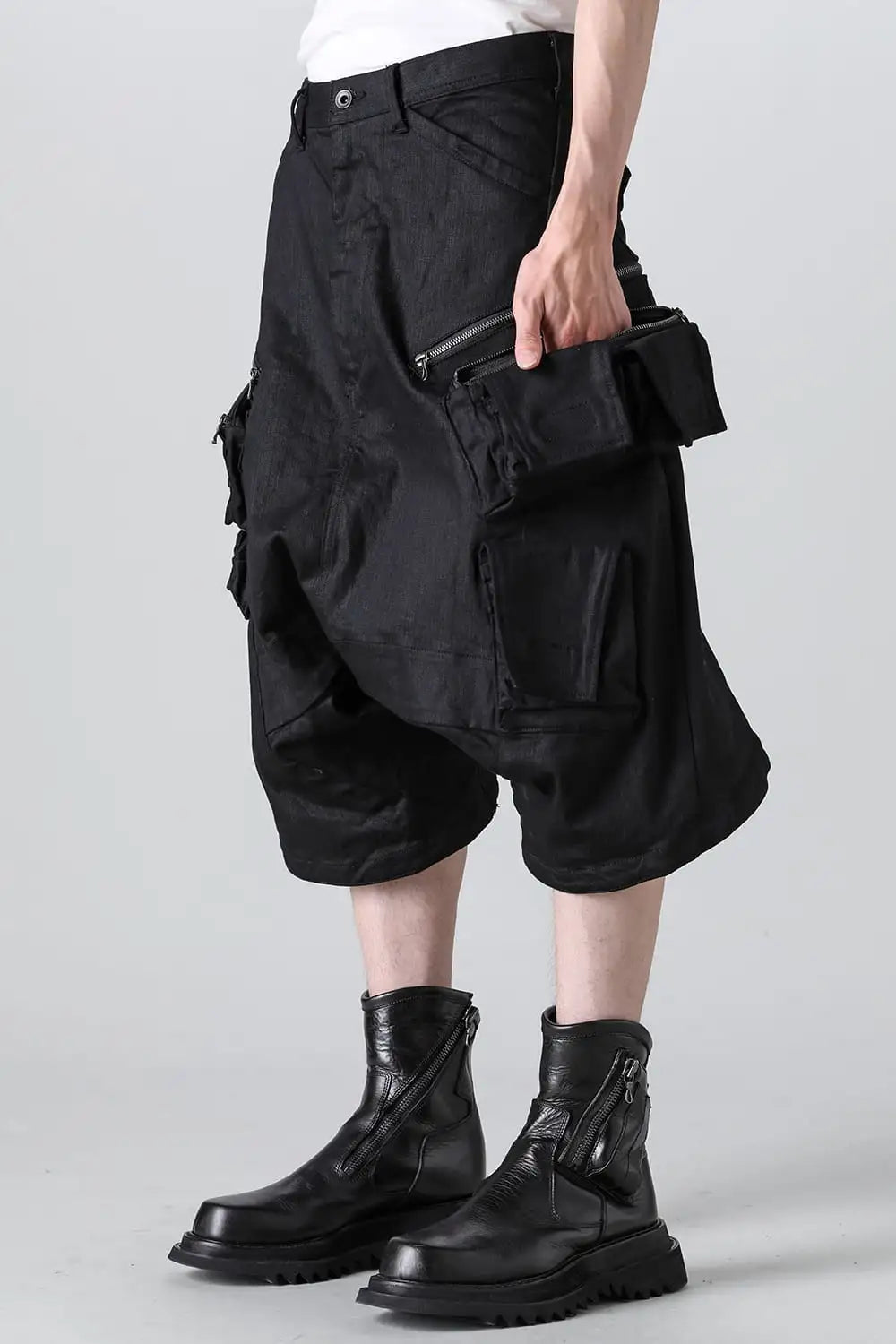 10.5oz Stretch Denim Cargo Short Pants Black