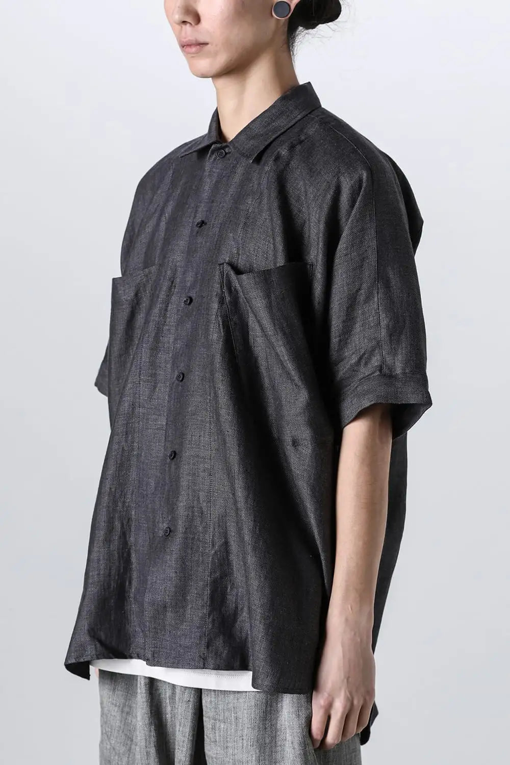 SHORT SLEEVE SHIRT	Linen Herringbone BLACK×DK GREY