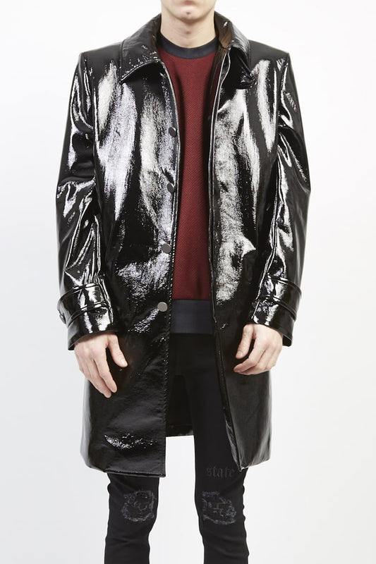 Patent faux leather soutien collar coat Black