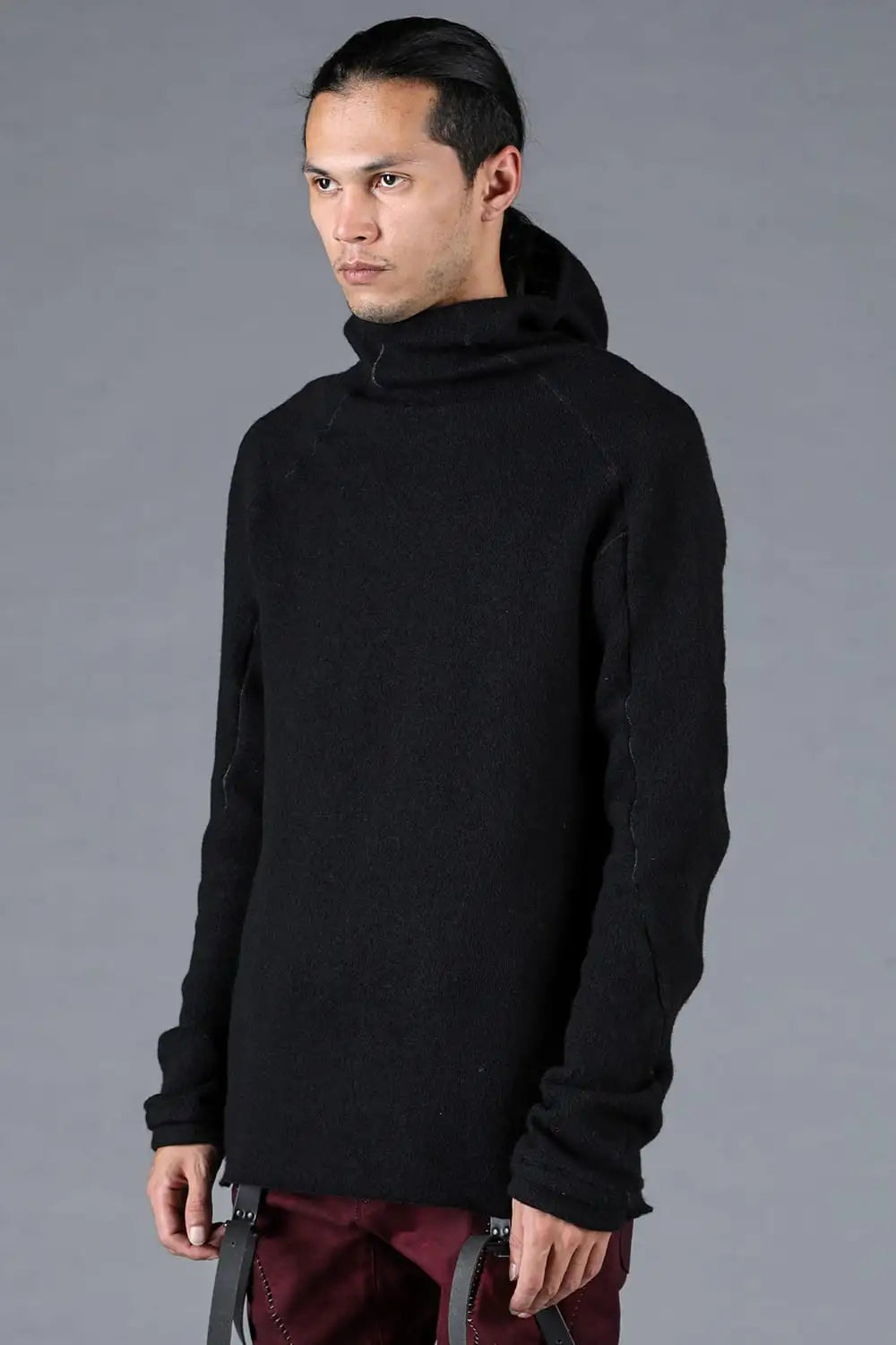 Wool Cotton Knit Balaclava Long Sleeve T-Shirt Black