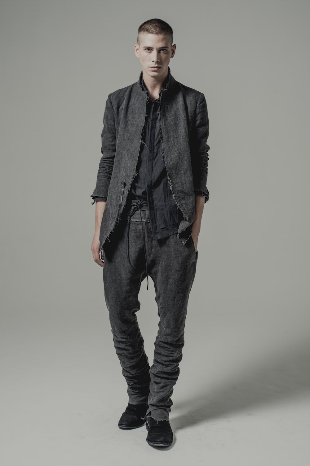 Sumi Dyed Linen Drop Crotch Skinny Pants