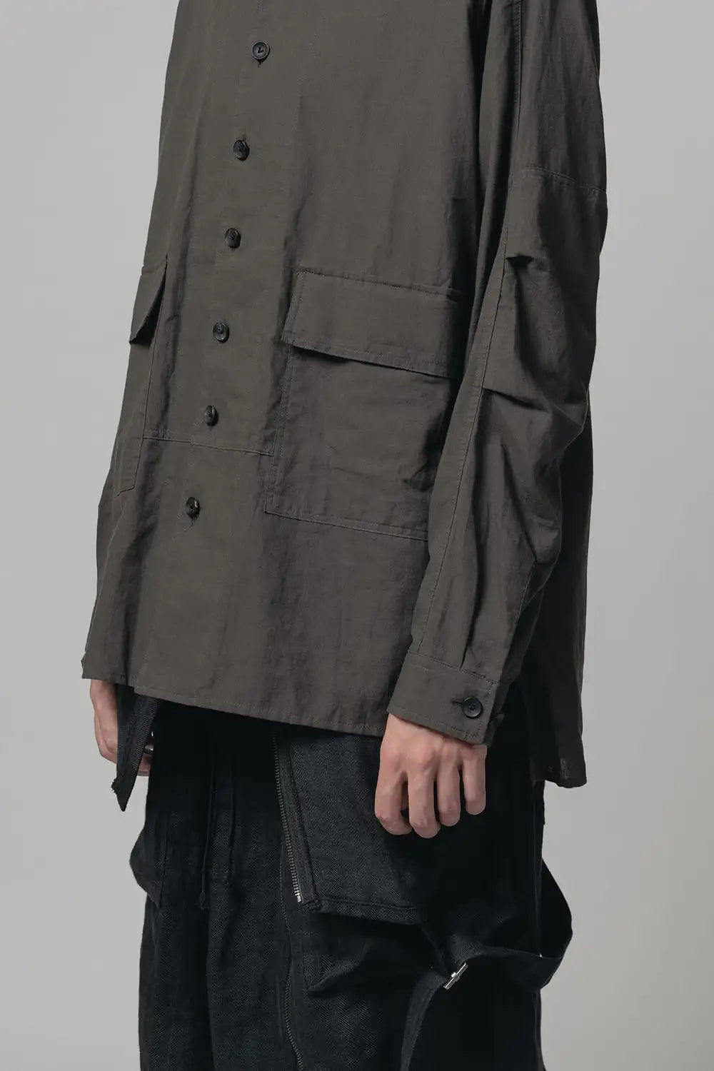 Cotton/Linen Band Collar Shirt  Olive Drab