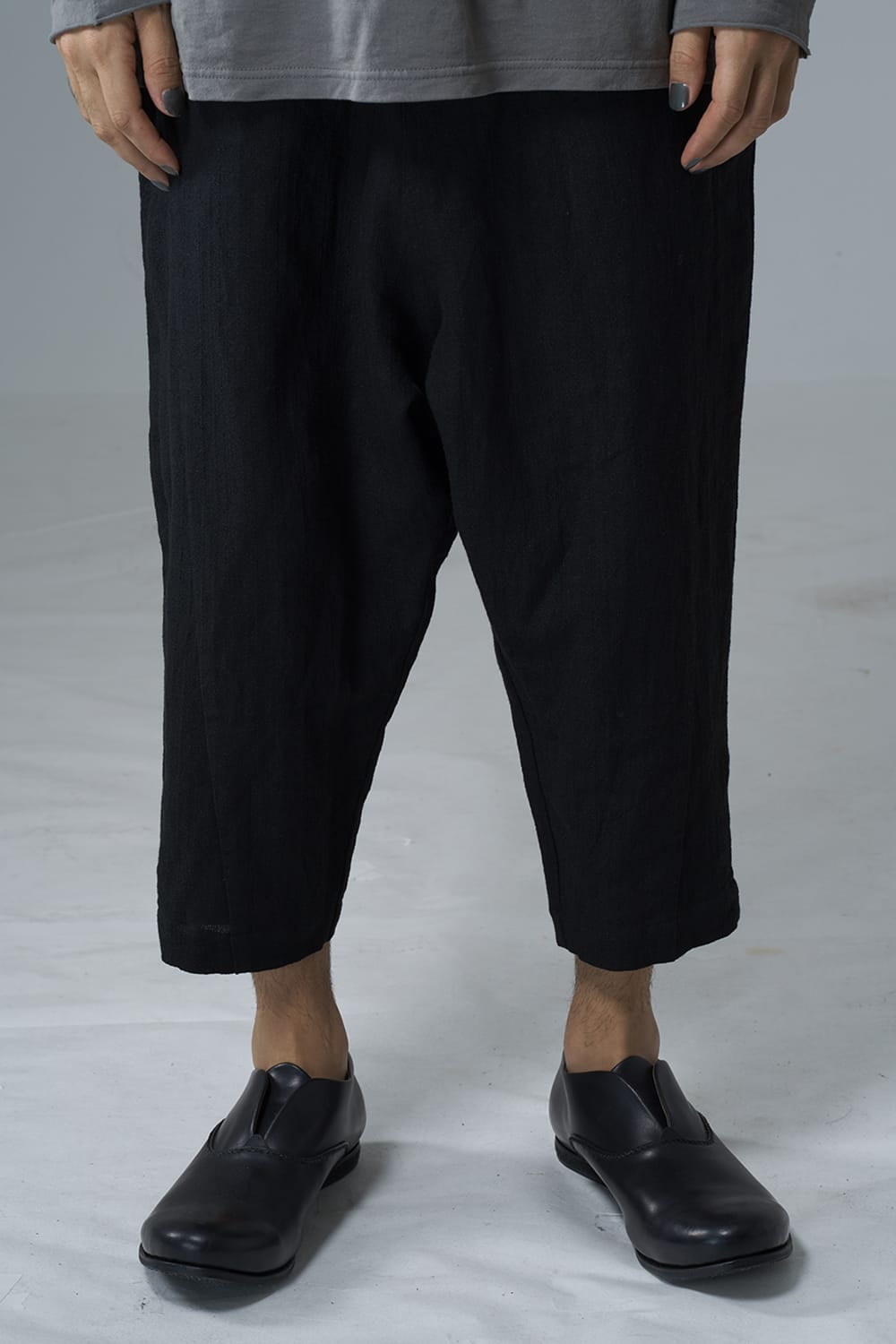 Drop crotch cropped pants cotton ramie shrink