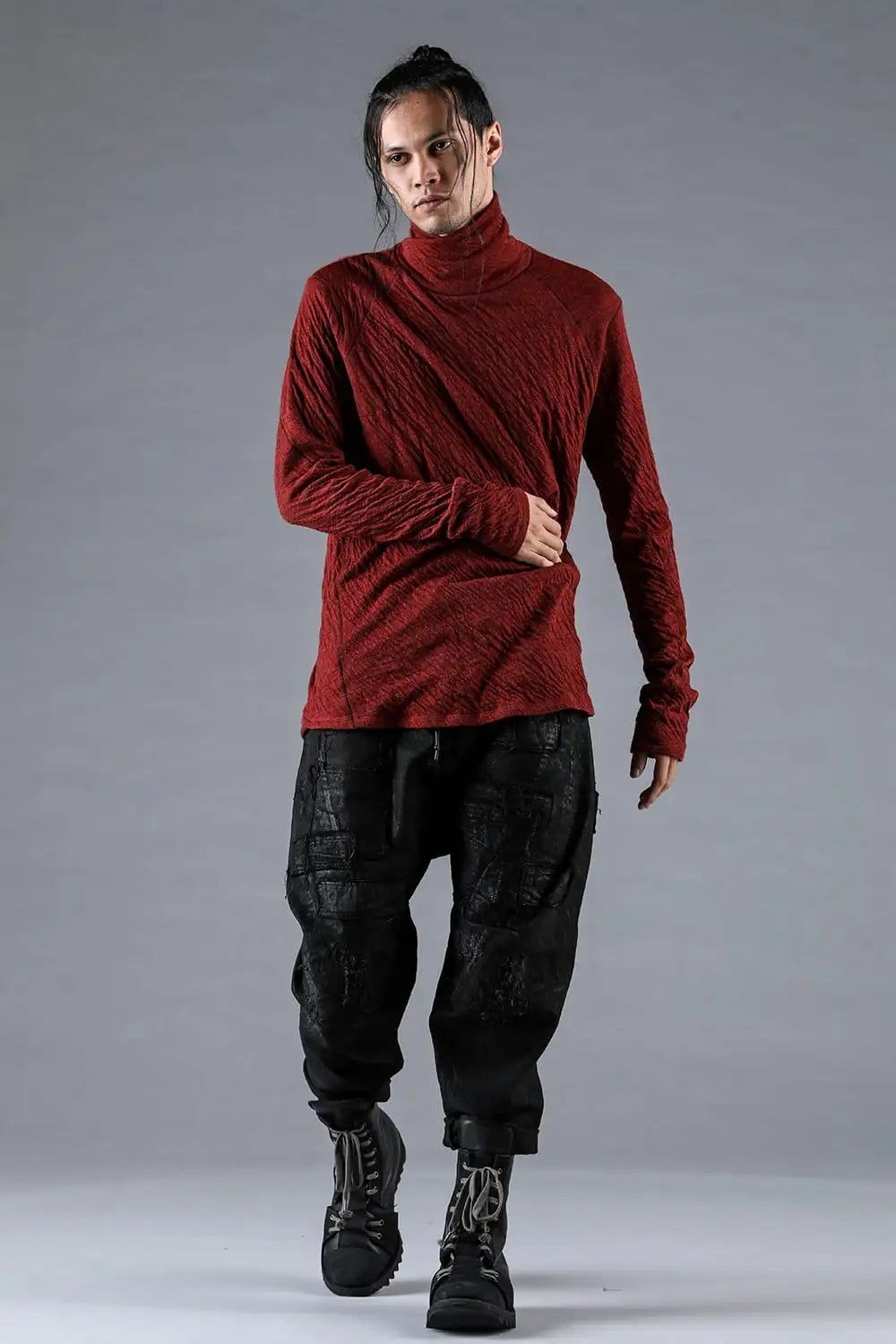 Wool x Cotton Double-Faced High-Neck Long Sleeve T-Shirt Red