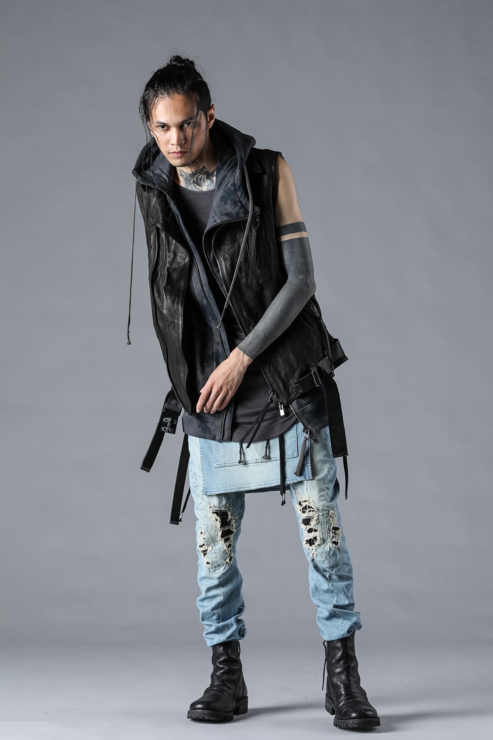 Bum Flap Distressed Denim Drop Crotch Slim Pants