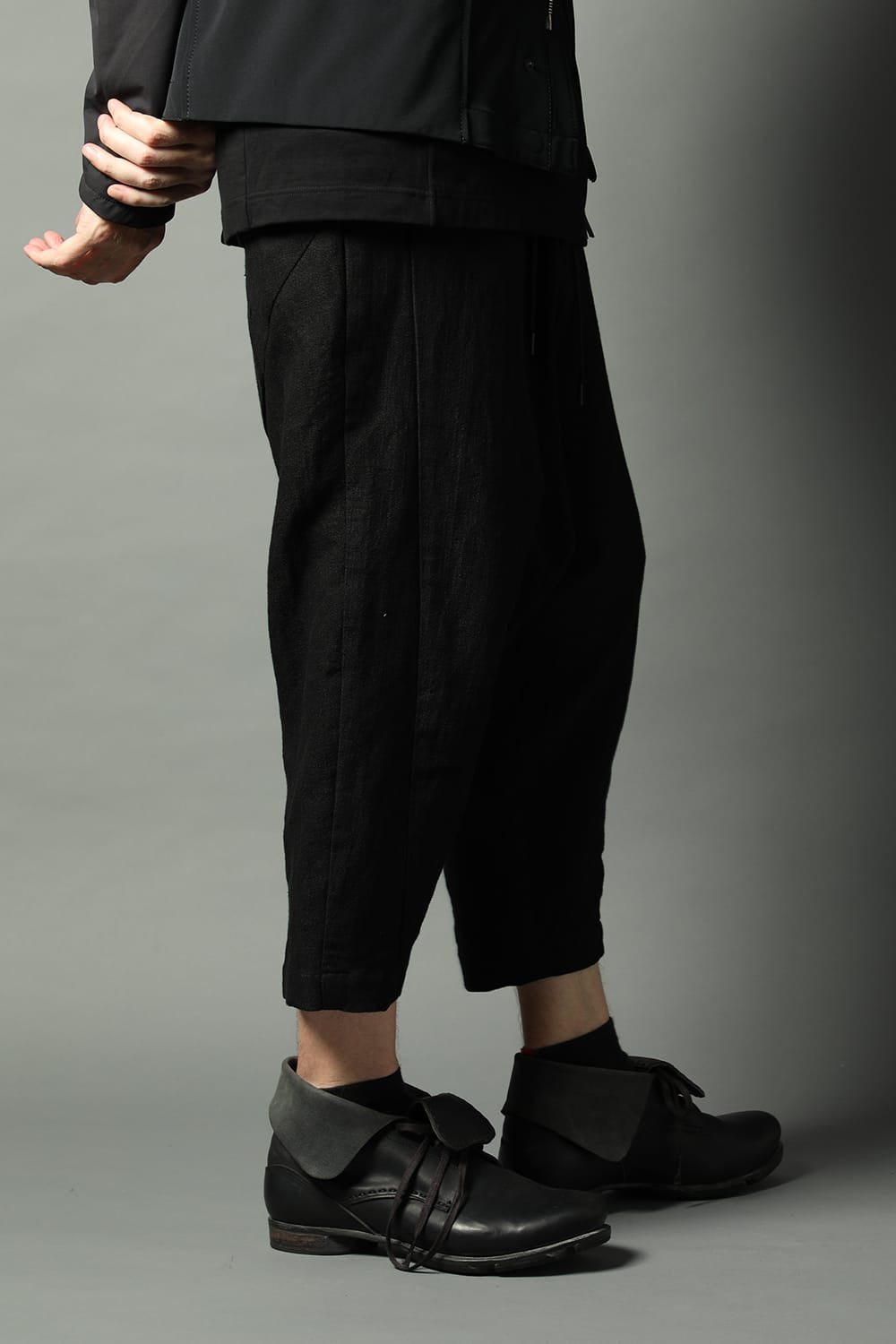 Drop crotch cropped pants cotton ramie shrink