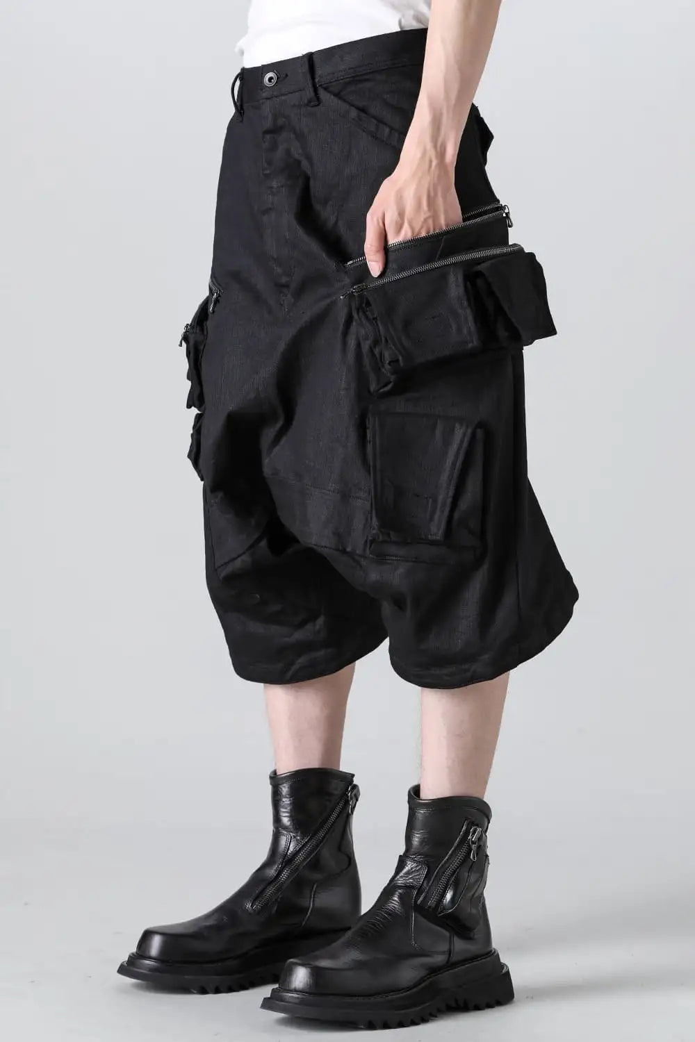 10.5oz Stretch Denim Cargo Short Pants Black