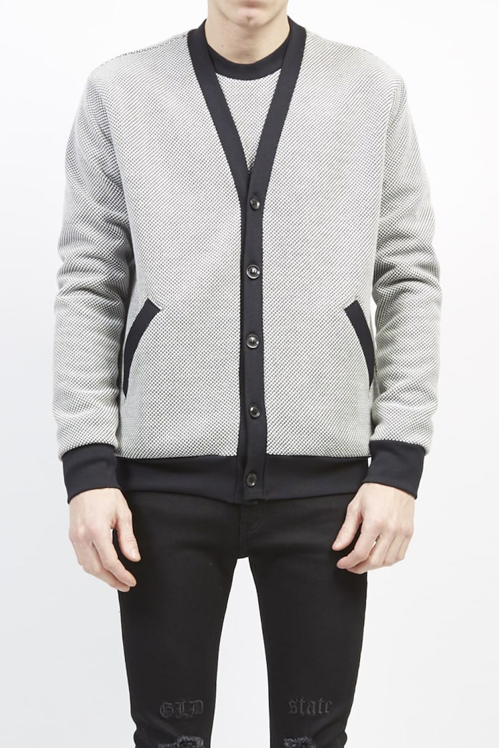 Gingham jacquard cardigan Black × Off White