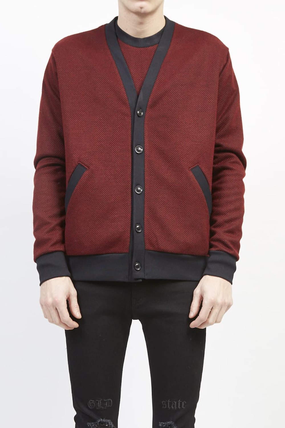 Gingham jacquard cardigan Black × Red