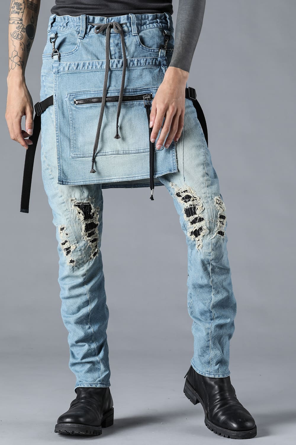 Bum Flap Distressed Denim Drop Crotch Slim Pants