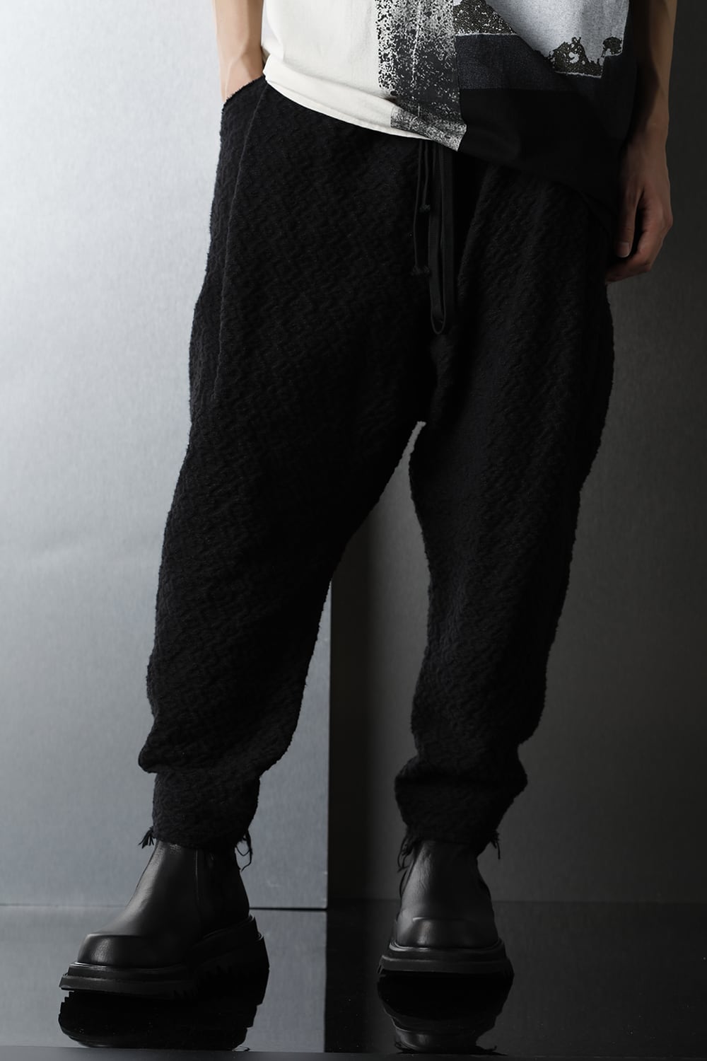 SLUB JACQUARD COTTON TROUSERS BLACK